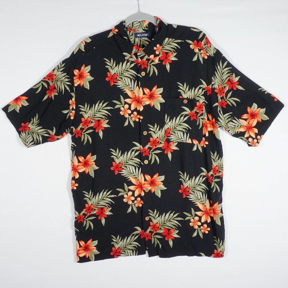 Puritan Mens Shirt Size Large 42/44 Button Front Pocket Collared Floral Rayon
